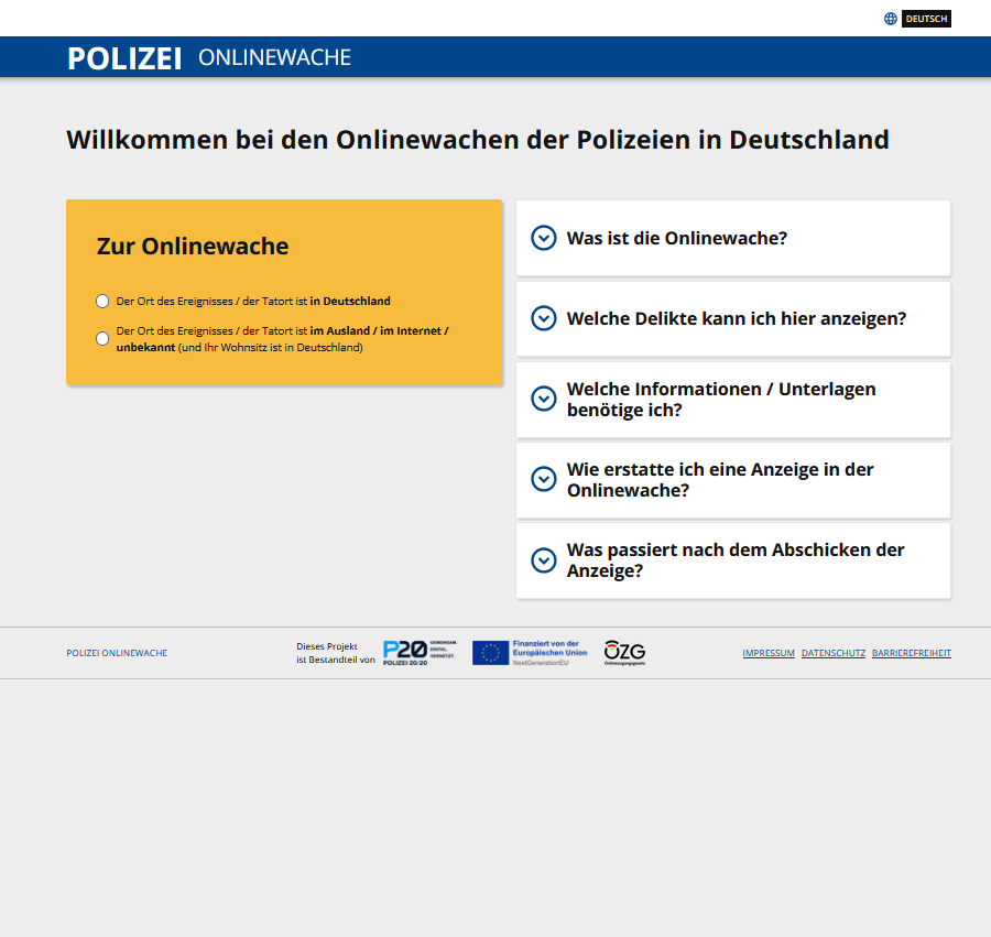 Screenshot von Onlinewache der Polizei